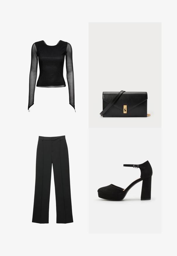 Svart långärmad topp i genomskinligt material, med en figurnära design och strukturerat prickmönster över hela plagget. Rundad halsringning, smal passform.; Svarta högmidjade vida byxor med bälteshällor och en framtill sömdetalj, visade mot en vit bakgrund.; Svarta mocka plattformsskor med tjock klack, rund tå och ankelsnodd som är säkrad med en metallspänne. Slät yta hela vägen.; Svart läderplånbok med vikbar lucka, guldhardware och logotypdetalj. Inkluderar en avtagbar rem för bärande.