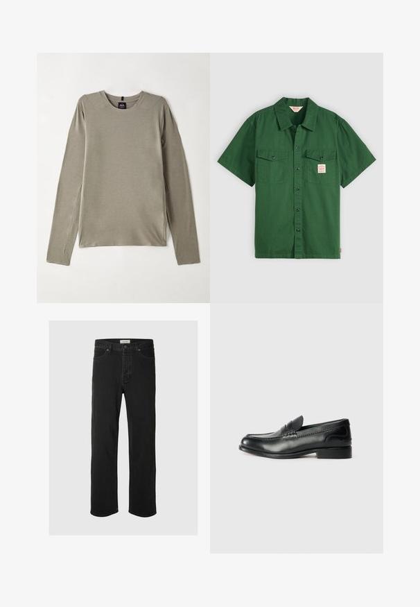 Dolgimi rokavi, majica s krojačem v svetlo sivi tkanini. Ima ravne šive in stranske razpoke za lažje gibanje, z gladko in mehko teksturo.; Kratka zeleno bombažna srajca s kratkimi rokavi, gumbom spredaj, dvema žepoma na prsih ter majhno oznako na levem žepu. Enostavna, brez vzorcev.; Črne usnjene naravne hlače imajo klasičen pet-žepni dizajn z gumbom za zapiranje, minimalnim šivanjem in mehkim občutkom.; Črni usnjeni loafersi z gladko površino, šivanim detajlom čez vamp in rahlo dvignjenim peto.