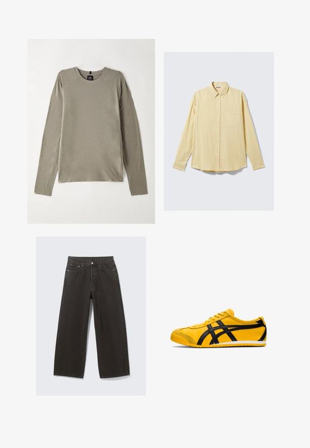 Pitkähihainen, pyöreäkauluksinen paita vaaleansinisestä kankaasta. Kärjissä on tasosaumat ja sivuhalkiot liikkumisen helpottamiseksi, ja sen pinta on sileä ja pehmeä.; Pitkähihainen nappikauluspaita pehmeässä keltaisessa kankaassa, jossa on teksturoitu pinta, kaulus ja yksi vasemmalla puolella oleva rintatasku.; Mustat leveälahkeiset farkut, joissa on korkea vyötärö, viisi taskua ja napitus. Kankaan pinta on pehmeä ja teksturoidun tuntuinen.; Keltainen urheilukenkä mustilla yksityiskohdilla, sileä nahkatekstuuri, kaareva muotoilu, pyöreä varvas, litteä valkoinen pohja ja huomattava brändäys sivussa.