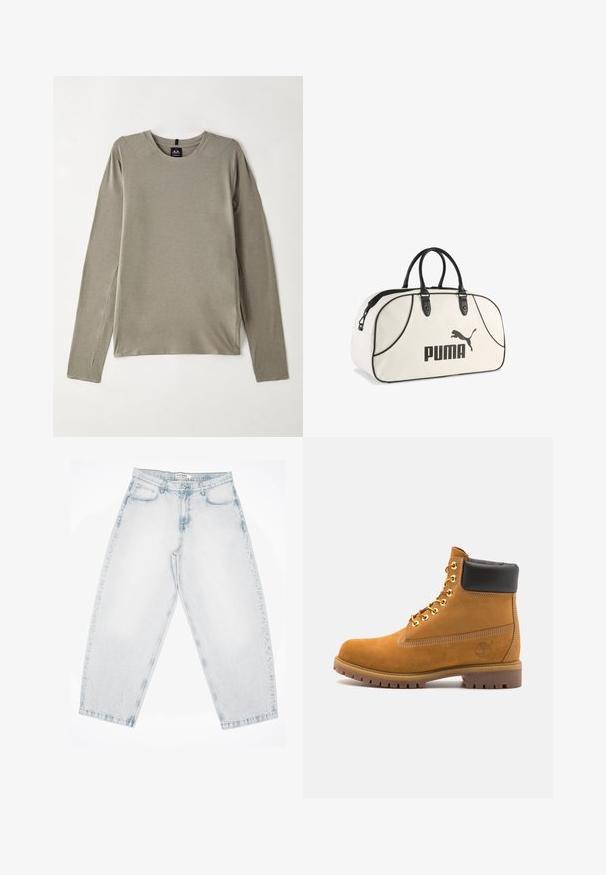Langærmet crew neck top i lysegrå stof. Har flade sømme og sideskår for let bevægelse, samt en glat, blød tekstur.; Lys blå denimjeans med en løs, baggy pasform. Har fem lommer, knaplukning og syede detaljer. Blegede tekstur og lige ben.; Tan nubuck ankelstøvle med sort polstret krave, gyldne metaløjer, hvid syning detaljer og robust gummisål med udtalte slidbaner.; Hvid Puma duffel bag med sorte håndtag, sort piping og et sort Puma-logo på fronten, vist på en hvid baggrund.
