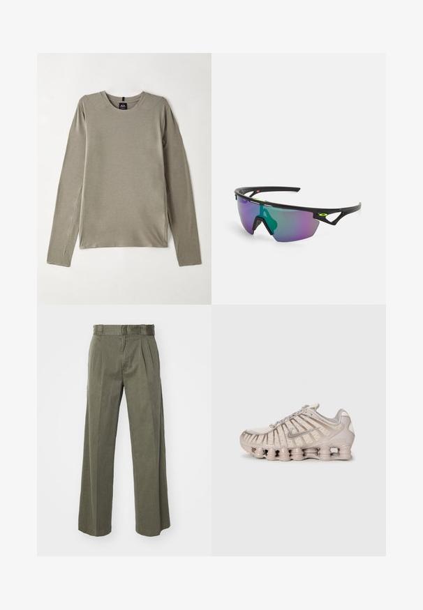 Pikad varrukad, ümar kaelus helesinises kangas. Omab lamedaid õmblusi ja külgsuundi liikumise mugavuse tagamiseks, pehme ja siledat tekstuuri.; Olivroheline püksid, millel on vabalt langev, laia säärega disain ja ees olevad voldid. Valmistatud tekstuursed kangast, tavalise vöökoht ja ilma nähtavate riistadega.; Helebež coloris spordijalats, millel on võrgu ülemine osa, struktureeritud disain ja eristuv pehmendusega tald, millel on silindrilised sektsioonid.; Spordiprillid musta raami, suur gradient objektiiv, mis sisaldab lillat ja rohelist tooni, ning nurkadega disainielemendid logode detailidega.