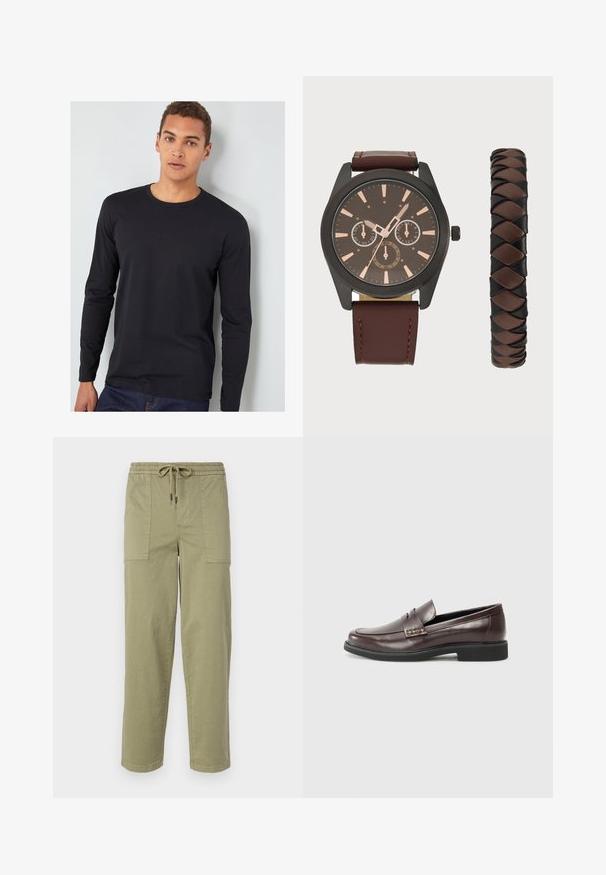 Črna majica z dolgimi rokavi iz bombaža, okrogel ovratnik, oprijeti rokavi in gladka tekstura, nošena z modrimi kavbojkami.; Hlače svetlo olivno zelene barve, izdelane iz bombažne mešanice, z elastičnim pasom in vrvico ter dvema velikima stranskima žepoma.; Rjavi usnjeni loaferji z gladko površino, ki imajo subtilne kvačkane detajle na zgornjem delu in črno gumijasto podplato.; Pier One SET - Ura - black/brown