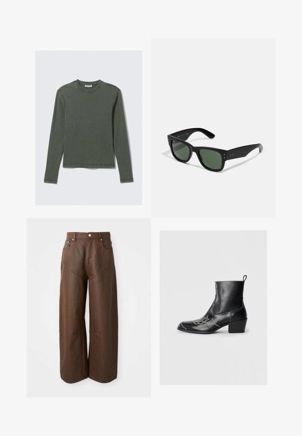 Hosszú ujjú, bordázott felső sötétzöld színben, kerek nyakkivágással és egyenes szegéllyel. Puha anyagból készült, minimális varrásokkal és látható minták nélkül.; Széles lábú barna bőrnadrág, öt zsebbel és gombos záródással, egyszerű fehér háttéren bemutatva.; Fekete bőr bokacsizma négyzetes orral, díszített varrással és alacsony tömbsarokkal. Húzófüllel a könnyű felvétel érdekében.; Fekete téglalap alakú napszemüveg zöld lencsékkel, matt felülettel, diszkrét fém részletekkel és dombornyomott logóval a halántékon.