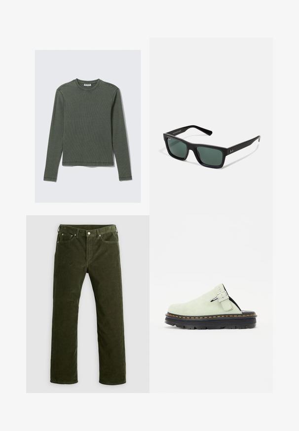 Langärmliges, geripptes Oberteil in Dunkelgrün mit Rundhalsausschnitt und geradem Saum. Hergestellt aus weichem Stoff, mit minimalen Nähten und ohne erkennbare Muster.; Olivgrüne Kordhosen mit geradem Schnitt, vorderem Knopf, Reißverschluss, Gürtelschlaufen und fünf Taschen auf einem weißen Hintergrund.; Hellgrüne Wildleder-Clogs mit abgerundetem Zehenbereich, verstellbarem Schnallenriemen und schwarzer strukturiertem Sohle mit orangen Nähten.; Schwarze rechteckige Sonnenbrille mit grünem Glas, mattem Finish, geraden Bügeln und dem Ray-Ban-Logo an der Seite.