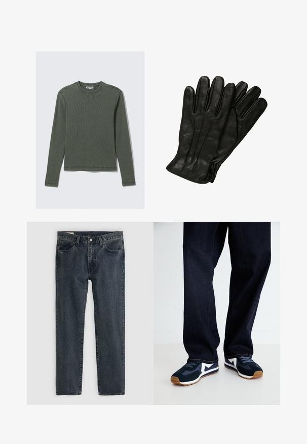 Camisola de mangas longas, canelada, em verde escuro, com decote arredondado e bainha reta. Feita de um tecido macio, com costuras mínimas e sem padrões visíveis.; Jeans de denim azul-escuro com um design de perna reta, cinco bolsos e fecho com botão. O tecido apresenta um desvanecimento sutil e textura.; Tênis atléticos em azul marinho e branco com um upper texturizado, cadarços e sola de borracha, combinados com calças de ganga escuras com costuras laranja.; Luvas de couro preto com uma textura lisa, cinco dedos e detalhes de costura subtis. Design clássico, adequado para uso em clima frio.