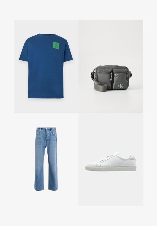 Kék pamut póló kerek nyakkal, rövid ujjakkal és zöld négyzet alakú logóval, amelyen a "cK" design található a bal felső mellen.; Világoskék farmernadrág, egyenes szárú fazonnal, öt zsebbel, gombos záródással, minimális kopással és kontrasztos varrással.; Fehér sportcipő sima bőr felső résszel és alacsony profilsal. Kerek orr, hat fűzőlyuk és barázdált gumitalp jellemzi.; Szürke nylon keresztpántos táska két cipzáras elülső zsebbel, állítható pánttal és logó kiemeléssel. Simaság jellemzi, modern dizájnnal.