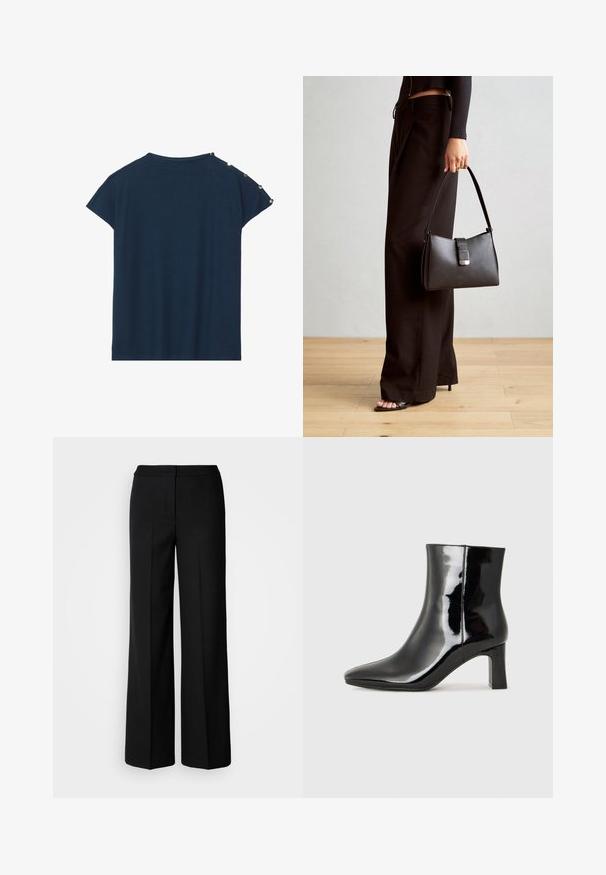 Mørkeblå kortermet topp med teksturert overflate og dekorative runde detaljer på skuldrene, med en avslappet passform og rett kant.; Svarte vide bukser med et glatt stoff, med høy livvidde, skreddersydde sømmer og et minimalistisk design. Ingen synlig maskinvare eller lommer.; Sorte patentlær ankle boot med spiss tå og en mellomhøy blokkhelt. Glatt tekstur og minimalistisk design.; Svart håndveske med strukturert form, jevn tekstur og metallisk lås. Kombinert med brede svarte bukser og sandaler med åpen tå på tregulv.