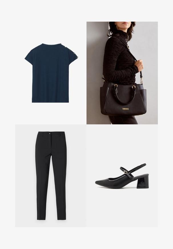 Námořnicky modré triko s krátkým rukávem s texturovaným povrchem a ozdobnými kulatými akcenty na rameni, s pohodlným střihem a rovný lem.; Černé upnuté kalhoty z hladkého materiálu, s klasickým pasem, předním zipem a bočními kapsami, s elegantním, přiléhavým designem.; Černé lakované lodičky s otevřenou patou, špičatou špičkou, zaobleným střihem a blokovým podpatkem. Zdobené akcentem v zlatém tónu.; Černá kabelka s texturovaným povrchem, dvojitými horními uchy a nastavitelným ramenním popruhem. Obsahuje zlaté kovové prvky a boční kapsy.