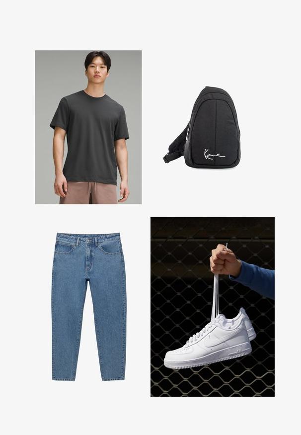Tmavo šedé tričko s krátkym rukávom a okrúhlym výstrihom, vyrobené z mäkkej látky. Má voľný strih a hladkú textúru.; Modré denimové džínsy so strihom rovného nohavice, piatimi vreckami a zipsom. Obsahujú viditeľné švy a vyblednutú textúru.; Biele kožené tenisky s perforáciami, okrúhlou špičkou, plochou podrážkou a hrubými šnúrkami, pričom majú viditeľné logo swoosh a nápis "AIR" na päte.; Čierny látkový vakuový batoh s hladkou textúrou, ktorý má zakrivený dizajn, zipsovú priehradku a biele logo vpredu.