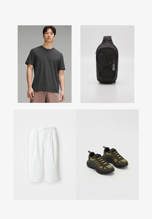 T-paita lyhyillä hihoilla tummanharmaana, jossa on pyöreä kaula-aukko, valmistettu pehmeästä kankaasta. Siinä on rento malli ja sileä rakenne.; Valkoiset shortsit, joissa on joustava vyötärö ja naru, esiteltynä yksinkertaista vaaleaa taustaa vasten. Sopii rentoon tai lämpimään säähän.; Vihreät ja mustat urheilukengät, joissa on teksturoitu päällinen, verkkopaneelit, tukeva pohja ja nauhakiinnitys, jossa on vahvistettu kärki ja kantapää.; Musta reppu, jossa on virtaviivainen muotoilu, valmistettu kestävästä kankaasta. Varustettu vetoketjullisella osastolla, joustavilla naruilla ja logokuvalla.