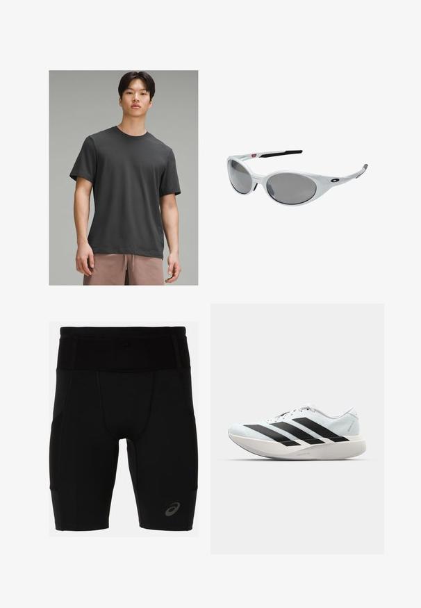 Dunkelgraues T-Shirt mit kurzen Ärmeln und Rundhalsausschnitt, aus weichem Stoff gefertigt. Bietet einen entspannten Schnitt und eine glatte Textur.; Schwarze Sportshorts mit einer enganliegenden Passform, hergestellt aus glattem Material. Sie verfügen über einen hohen Taillenbund und ein kleines Logo am unteren linken Bein.; Leichte Laufschuhe in hellblau mit schwarzen Streifen. Sie verfügen über ein glattes Obermaterial, eine runde Zehenpartie und eine dicke weiße Zwischensohle, die mit "LIGHTSTRIKE PRO" beschriftet ist.; Weiße Kunststoff-Sonnenbrille mit großen, ovalen Gläsern in grauer Tönung. Verfügt über schwarze Ohrpolster und ein kleines Logo am Rahmen. Glatte Oberfläche.