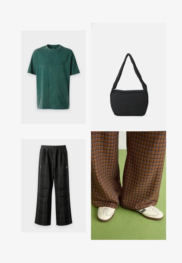 Tamsiai žalia medvilninė marškinėliai su apvalia kaklo iškirpte, trumpomis rankovėmis ir iškilus „adidas“ logotipas krūtinėje, atitinkamu tekstūroje.; Juodos languotos kelnės su elastingu juosmeniu, dviem priekinėmis kišenėmis ir laisvu tiesiu kirpimu. Pagamintos iš lengvos medžiagos.; Rudos ir mėlynos langelinės plačios kelnės, derinamos su baltais batais su juodais akcentais ir tekstūruotais padais, prieš žalią foną.; Juodas pečių krepšys su paminkštinta tekstūra, apvalia forma ir plačia juostele, su iškilminiu logotipu priekyje.