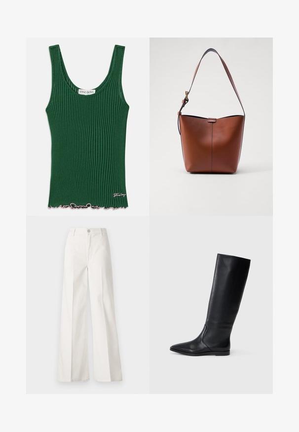 Zaļa ribota bezsvārku blūze ar noapaļotu kakla izgriezumu, ar viļņainu rozā apakšmalu un mazu logo birku sānos. Izgatavota no mīkstas materiāla.; Baltas platfita bikses, izgatavotas no kokvilnas ar gludu tekstūru. Aprīkotas ar priekšējo pogu, rāvējslēdzēju un četru kabatu dizainu.; Melnas ādas ceļgala augstas zābaki ar smailu purngali un minimālistisku dizainu. Gluda tekstūra un plakana zole, ar diskrētām sānu šuvju detaļām.; Brūna ādas plecu soma ar izliekta formu, gludu tekstūru un vienu plānu siksnu. Iekļauj subtilu šuvumu un mazu logotipa detaļu.