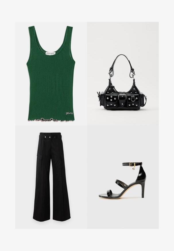 Žalias, raukšlėtas tankas su apvaliu iškirpimu, turintis banginį rožinį kraštą ir mažą logotipo žymę šone. Pagamintas iš minkštos medžiagos.; Juodos platėjančios kelnės su aukštu juosmeniu, turinčios dideles šonines kišenes, dvi priekinės mygtukus ir kilpelės detalę. Pagamintos iš tvirto audinio.; Juodas patentuotas odinis sandalai su trimis diržais, kulkšnies sagtimi ir 4 colių stiletto kulnu. Yra aukso detalės ir logotipo žavesys.; Juodas odinis rankinukas su kreiviu dizainu, su sidabro spalvos knopkėmis, užsegimu ir dviem šoninėmis kišenėmis. Reguliuojama dirželis nešimui.