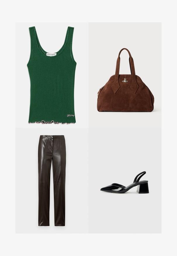 Zeleni rebrasti top brez rokavov z zaobljenim izrezom, ki ima valovit roza rob in majhno oznako na strani. Narejen iz mehkega materiala.; Temno rjave usnjene hlače ravnega kroja z gladko površino in subtilnimi šivi spredaj.; Črne lakirane slingback pete s koničastim nosom in geometrijsko blokasto peto. Imajo eleganten, minimalističen dizajn in gladko teksturo.; Rjav sueden torbica s strukturovano obliko, zaobljeno telo in podolgovat diamanten ročaj. Ima srebrno kovinsko zapiranje.