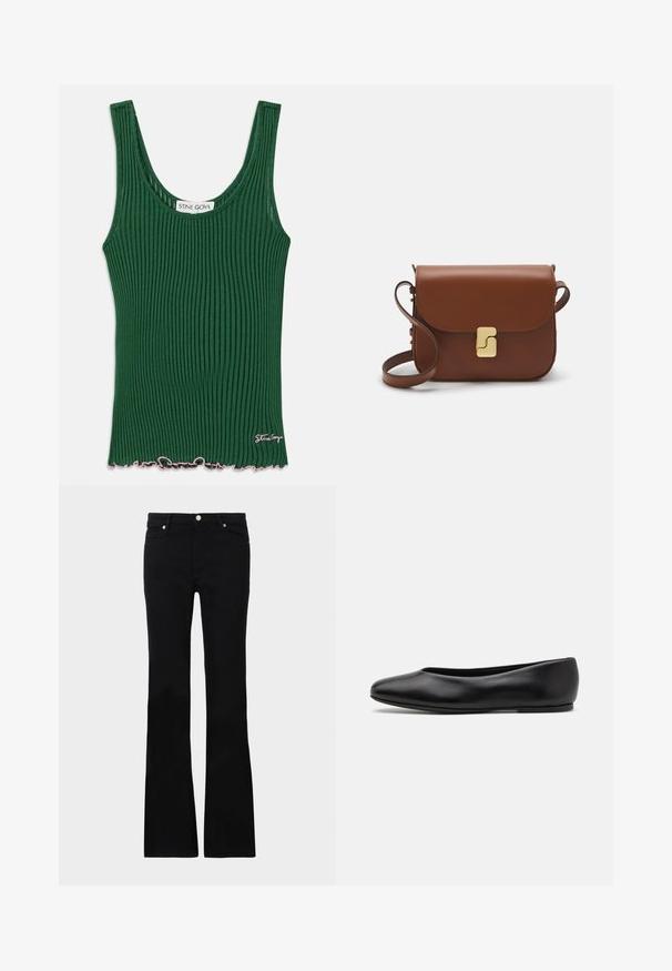 Zielony rybaczek o prążkowanej strukturze z okrągłym dekoltem, posiadający falbaniasty różowy brzeg i małą metkę z logo z boku. Wykonany z miękkiego materiału.; Czarne dzwony z denimu, z dwoma przednimi kieszeniami, zapięciem na guzik i gładką fakturą. Widoczne charakterystyczne szycie na szwach.; Paul Smith TOPANGA czarny; Brązowa skórzana torebka na ramię z klapką, złotymi detalami, paskiem na ramię i gładką teksturą. Kompaktowy prostokątny kształt.