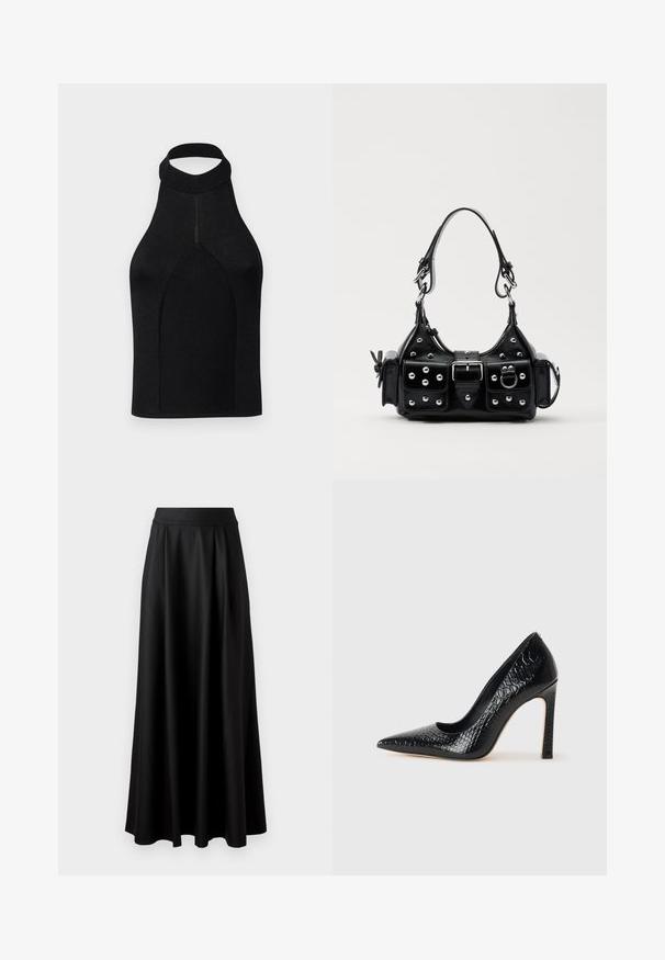 Top a halter nero con silhouette aderente, realizzato in tessuto a costine. Presenta un collo alto e un design senza cuciture con una texture liscia.; Gonna nera lunga fino al pavimento con una texture liscia, vita alta ampia e design plissè, priva di motivi visibili o decorazioni.; Scarpa nera con punta a punta alta in pelle di coccodrillo, caratterizzata da un design elegante, alto tacco a spillo e interno nero liscio.; Borsa a mano in pelle nera con design curvo, caratterizzata da borchie argentate, una fibbia e due tasche laterali. Tracolla regolabile per diverse opzioni di trasporto.