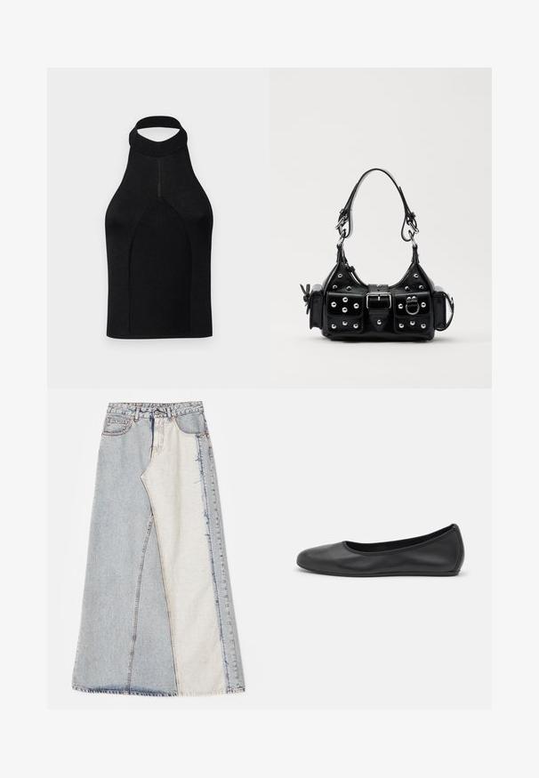 Top halter negro con una silueta ajustada, hecho de tela de punto acanalado. Presenta un cuello alto y un diseño sin costuras con una textura suave.; Falda de mezclilla con un diseño de patchwork que presenta secciones en azul claro y medio, dobladillos deshilachados y cintura alta. Estilo clásico de cinco bolsillos.; Bailarina de piel negra con punta redondeada, textura suave, detalle de costura minimalista y diseño de suela flexible.; Bolso de mano de cuero negro con un diseño curvado, que cuenta con tachuelas plateadas, una hebilla y dos bolsillos laterales. Correa ajustable para opciones de transporte.