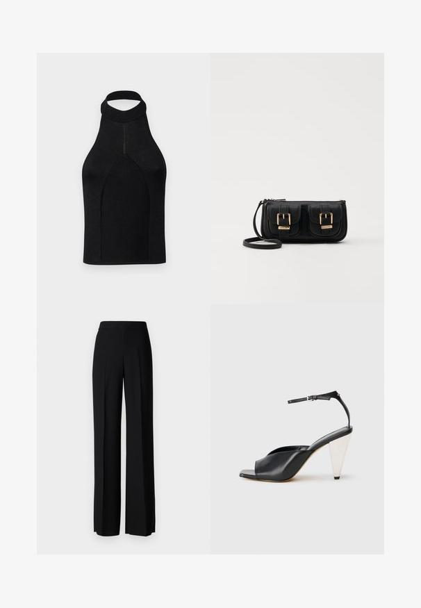 Black halter top with a fitted silhouette, made from ribbed knit fabric. Features a high neck and seamless design with a smooth texture.; Black wide-leg trousers with a smooth texture, featuring a high waistband and center pleats. No visible patterns or hardware details.; Black leather high heel sandal with open toe, asymmetrical design, ankle strap, and a metallic cone-shaped heel. Smooth texture throughout.; Black leather crossbody bag with two front pockets, gold buckles, zipper closure, and a slim strap. Textured surface and compact rectangular shape.