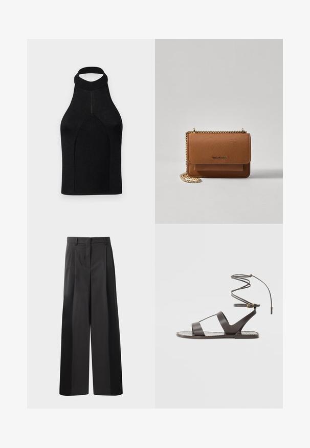 Svart halsremstopp med en tettsittende silhuett, laget av ribbestrikket stoff. Har høy nakke og sømløst design med en jevn tekstur.; Sorte vidde bukser med høy midje, med frontfolder, en glatt tekstur og en skreddersydd finish. Designet for en avslappet passform.; Brune lærsandaler med flad sål, der har et minimalistisk design, buet ankelrem og flere udskæringer for åndbarhed.; Brun teksturert lær crossover-veske med gullkjede-stropp og klaffelukking. Fronten har logo-detalj og en lomme under klaffen.