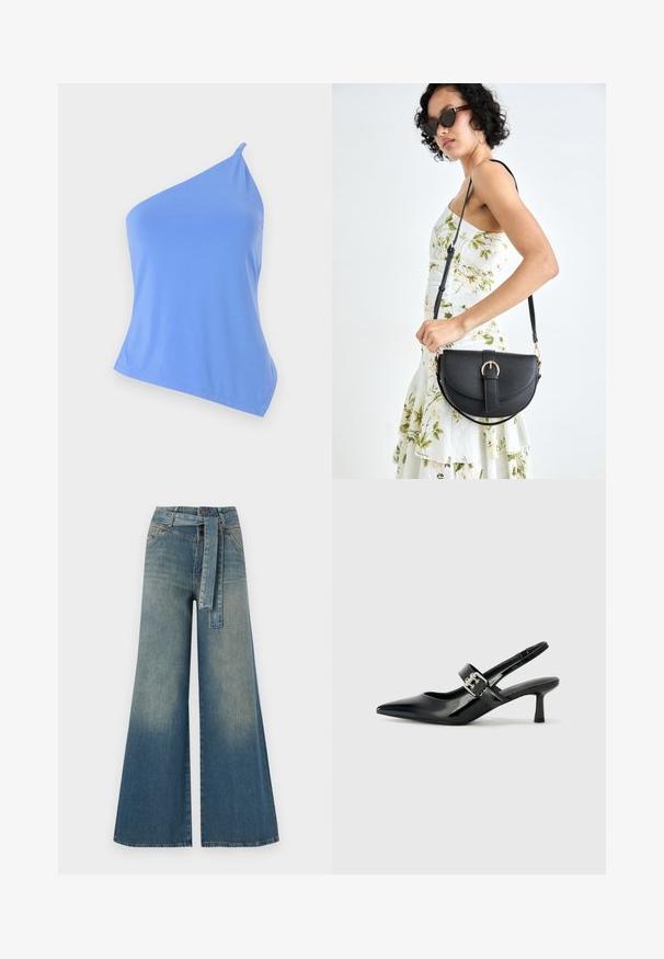Asymmetrisches blaues Top aus glattem Stoff mit einem einzigen Schulterträger und taillierter Passform. Verfügt über einen sauberen Saum und minimale Details.; Weit geschnittene Denim-Hosen mit einem Farbverlauf von hellblau zu dunkelblau, hoher Taille, Gürtelschlaufen und einem passenden Stoffgürtel. Strukturierte Denim-Oberfläche.; Schwarze Lackleder Slingback-Absätze mit spitzem Zeh und kleinem Blockabsatz, ausgestattet mit einem silbernen Schnallenakzent am Riemen.; Schwarze Lederhandtasche mit geschwungener Form, abnehmbarem Tragegurt und goldenen Beschlägen. Die Tasche verfügt über einen Deckel mit einer Schnallen-Details.