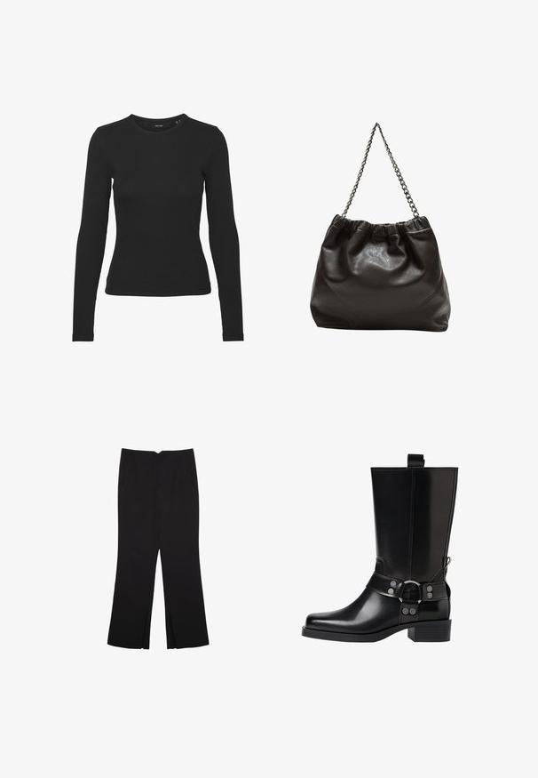Črna dolgimasna majica iz rebraste tkanine. Ima okroglo ovratnico in prilegajoč dizajn brez vidnih vzorcev ali poudarkov.; Črne hlače ravnega kroja z naglavnimi žepi in stranskimi razporki na robu. Narejene iz mehke, gladke tkanine. Primerne za različne priložnosti.; Črne usnjene škornje do kolen s koničastim nosom, srebrnimi zaponkami in debelim peto. Imajo zanko za enostavno obuvanje.; Rjava usnjena torba z nabranim vrhom in verižnim trakom. Gladka tekstura z sijajno površino in subtilnimi šivi na straneh.