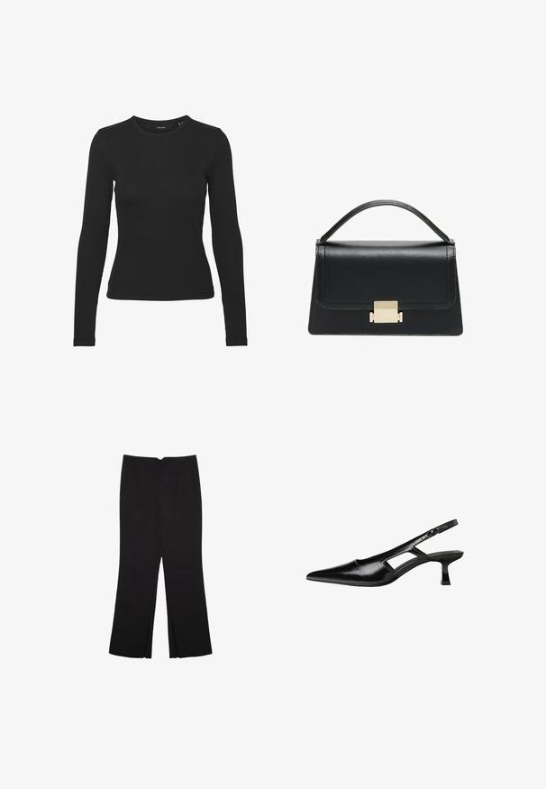 Schwarzes Langarmshirt aus geripptem Stoff. Es hat einen runden Ausschnitt und eine figurnahe Passform ohne sichtbare Muster oder Akzente.; Schwarze Hose mit geradem Schnitt, ausgestattet mit Fronttaschen und Seitenschlitzen am Saum. Hergestellt aus weichem, glattem Stoff. Geeignet für verschiedene Anlässe.; Schwarze Lackleder-Slingback-High Heels mit spitzer Zehenform, ausgeschnittenem Seitendesign und kleinem Blockabsatz. Glatte Textur mit minimalen Akzenten.; Schwarze Lederhandtasche mit strukturiertem Design, oberem Griff und einem goldenen Metallschnappverschluss auf der Vorderseite. Glatte Textur, minimale Nähte.