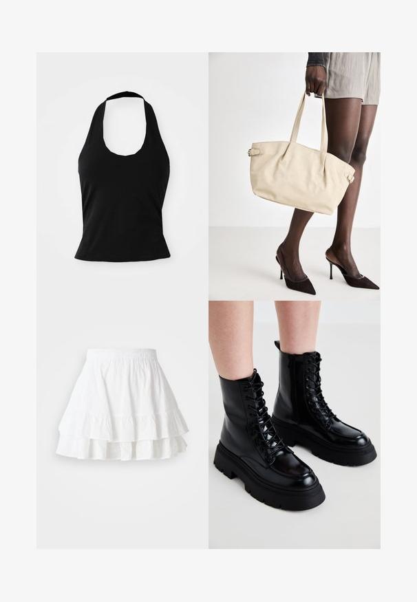 Juodas halterio tipo viršus, pagamintas iš minkštos medžiagos, su apvaliu iškirpimu ir prigludusia siluetu, turintis lygų tekstūrą ir be matomų raštų.; Balta sluoksniuota sijonas, pagamintas iš lengvos medžiagos su skylučių raštu ir raukšlėtu apdailu. Turi elastinę juostelę patogumui.; Juodi odiniai aulinukai iki kulkšnies su masyviu padu, šnuoruojamos priekyje ir su šoniniu užtrauktuku; pasižymi lygia apdaila ir pakelta kojų dalimi.; Kreminė rankinė su lygiu odiniu paviršiumi, išplanuota forma, dviem rankenomis ir šoninėmis sagtimis. Sujungta su elegantiškais juodais aukštakulniais batais.