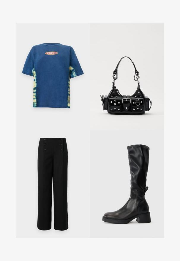 Modrá tričko s krátkymi rukávmi v batikovanom štýle, s okrúhlym výstrihom a žlto-oranžovým oválnym logom s nápisom "STIEG" na prednej strane.; Čierne široké nohavice vyrobené z hladkej látky, s vysokým pásom a piatimi prednými gombíkmi na zacvaknutie. Elegantný, strihovo upravený dizajn.; Čierne kožené čižmy po kolená s hladkým povrchom, majú blokový podpätok, zaoblenú špičku a prešívané okraje.; Čierna kožená kabelka s zakriveným dizajnom, doplnená striebornými cvočkami, prackou a dvoma bočnými vreckami. Nastaviteľný popruh poskytuje rôzne možnosti nosenia.