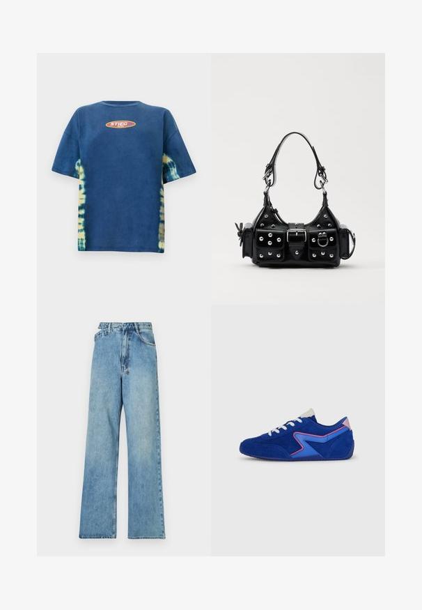 Blue tie-dye t-shirt with short sleeves, featuring a round neck and a yellow-orange oval logo that reads "STIEG" on the front.; Light blue denim wide-leg jeans with a mid-rise waist, five pockets, and a button-fly closure featuring metal hardware and a faded finish.; Suede sneakers featuring a vibrant blue color with pink and blue accents. Rounded toe, lace-up closure, and textured rubber sole.; Black leather handbag with a curved design, featuring silver studs, a buckle, and two side pockets. Adjustable strap for carrying options.
