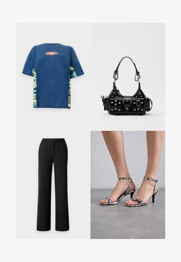 T-shirt azul com estampado em tie-dye, de mangas curtas, com um decote redondo e um logotipo oval nas cores amarelo-laranja que diz "STIEG" na parte da frente.; Calças pretas feitas de tecido liso, com um design de perna reta, pregas frontais e um fecho de botão único na cintura.; Sandálias de salto alto com padrão de pele de cobra em preto e branco, com tiras finas e um pequeno detalhe de fivela. O salto é delgado e pontiagudo.; Bolsa de couro preta com um design curvado, apresentando tachas prateadas, uma fivela e dois bolsos laterais. Alça ajustável para opções de transporte.