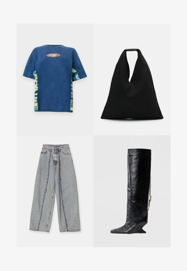Camiseta corta de tirantes en tonos de azul con un diseño de tie-dye, con cuello redondo y un logo ovalado en amarillo-naranja que dice "STIEG" en el frente.; Vaqueros de pierna ancha en azul claro con bordes deshilachados, una cintura alta y costuras en contraste. Hechos de denim, presentan un ajuste relajado y un desgaste mínimo.; Bota negra de cuero hasta la rodilla con punta afilada, tacón cuña único y detalle de cadena lateral. Textura lisa con acabado brillante.; Bolsa de tela negra con un diseño en forma de V único y una textura suave. Presenta un asa corta con un detalle de hardware minimalista.