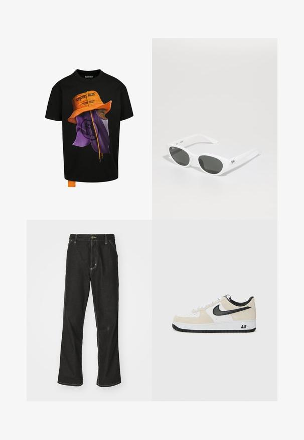 Juodas marškinėliai su grafika, vaizduojančia asmenį, vilkintį oranžinę kibirėlio skrybėlę ir purpurinę kaukę. Marškiniai turi oranžines raišteles ir logotipo akcentus.; Juodi džinsai su laisvu siluetu, turintys kontrastingas balto siūlo siūles, mygtuko uždarymą ir tiesų kojos dizainą.; Batai sportui su šviesiai rudos suku ir baltos odos viršutinė dalimi, juodom Nike swoosh detalėm, juodais akcentais ir balta gumine padanga su "AIR" ženklu.; Baltos akiniai nuo saulės su apvaliais rėmeliais ir tamsiais lęšiais. Pasižymi lygaus plastiko tekstūra ir mažu logotipu ant šventyklos.