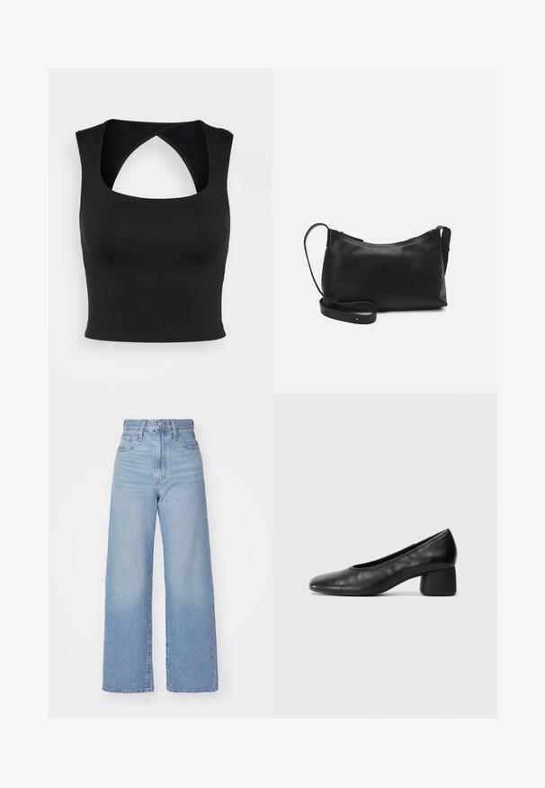 Svart kort topp med firkantet utringning og kryssryggdesign. Laget av glatt stoff med en tettsittende silhuett som fremhever et strømlinjeformet utseende.; Lys blå høytlivs vide jeans med knapp- og glidelås lukking foran, foran og bak lommer, på en hvit bakgrunn.; Sorte lærpumps med rund tå og mellomstor blokkhæl. Glatt tekstur med minimalt med detaljer, og har en subtil elastisk åpning.; Svart skinn skulderveske med glatt tekstur, buet form, justerbar stropp og glidelås. Minimalistisk design uten dekorasjoner.