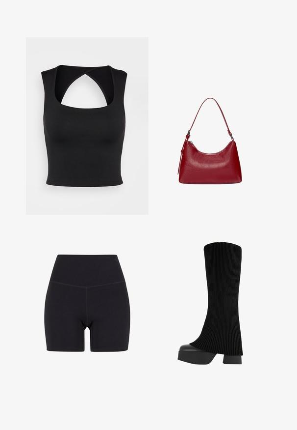 Svart crop top med fyrkantig halsringning och korsettdesign på baksidan. Tillverkad av ett slätt tyg med en figursydd silhuett som framhäver en elegant look.; Svarta högmidjade shorts av stretchigt material. Har resår i midjan, slät yta och midjehöjd med sömlös design.; Svart knähög stövel med ett ribbat tygövre, kraftig plattformssula och blockklack, med en slät yta och en elegant, modern design.; Röd läderaxelväska med en rundad design, slät yta och dragkedjestängning. Den har ett tunt handtag för bärande.