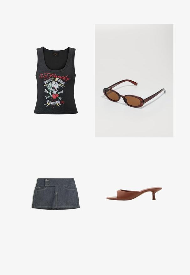Mustat hihattomat topit, joissa on rohkea pääkallo ja ristiluut -grafiikka sydämen, moniväristen yksityiskohtien ja "Love Dies Hard" -tekstin kanssa.; Tummansininen farkkahame, jossa on korkea vyötärö, kaksi etutaskua, nappisuljenta ja kontrastiväriset tikkausreunat.; Ruske avto čevlji s peto, odprti spredaj, z gladko mat površino, ki imajo ukrivljen dizajn in prozorno, stožčasto peto.; Pyöreät, ruskehtavat aurinkolasit, joissa on kiiltävä burgundinpunainen runko. Kapeat sivut, joissa on hienovarainen brändäys. Litteät linssit.; Ruskea nahkalaukku, jossa on kaareva muoto, hopeisia yksityiskohtia ja kaksi vetoketjullista taskua edessä. Mukana säädettävä olkahihna.