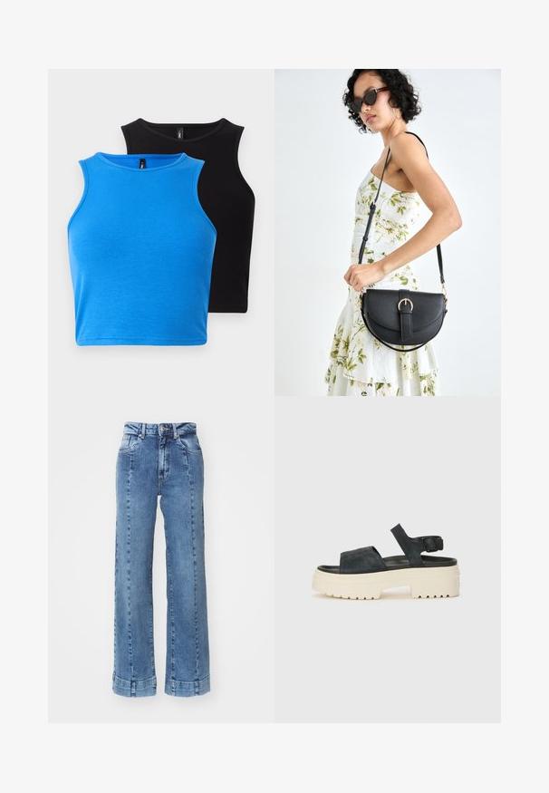 Dvé priliehavé bezrukávové crop topy — jeden z ribbovaného modrého materiálu, druhý z ribbovaného čierneho. Obe majú okrúhle výstrihy a hladkú textúru.; Svetlo modré džíny s širokými nohavicami a vysokým pásom, so prednými vreckami a prešitými detailmi. Lem je nastaviteľný a prišitý.; Čierne zamšové platformové sandále s hrubou bielou podrážkou, širokým predným remienkom a nastaviteľným členkovým zapínaním. Textúrovaná podrážka pre lepšiu priľnavosť.; Čierna kožená kabelka s zaobleným tvarom, odnímateľným popruhom a zlatými doplnkami. Kabelka má klopu s detailom s prackou.