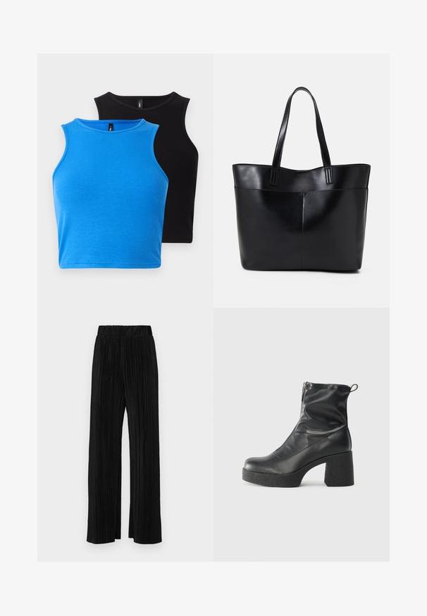 Kaks sobivat, varrukateta lühikesed topid - üks ribakujulises sinises kangas ja teine ribakujulises mustas. Mõlemal on ümardatud kaelus ja sujuv tekstuur.; Mustad pleekitud püksid elastse vöökohtaga. Omavad laiad jalad ja sujuvat, tekstureeritud kangast vertikaalsete triipudega.; Mustad mustad ansapüksid, mis on valmistatud siledast nahast, külje zipperiga, paksu tekstuuriga kontsaga ja ümmarguse nina disainiga.; Must mustaga musta nahast, millel on kaks pikka kanda, sile tekstuur ja struktureeritud kuju. Esipoolsel on lisakoti jaoks tasku.