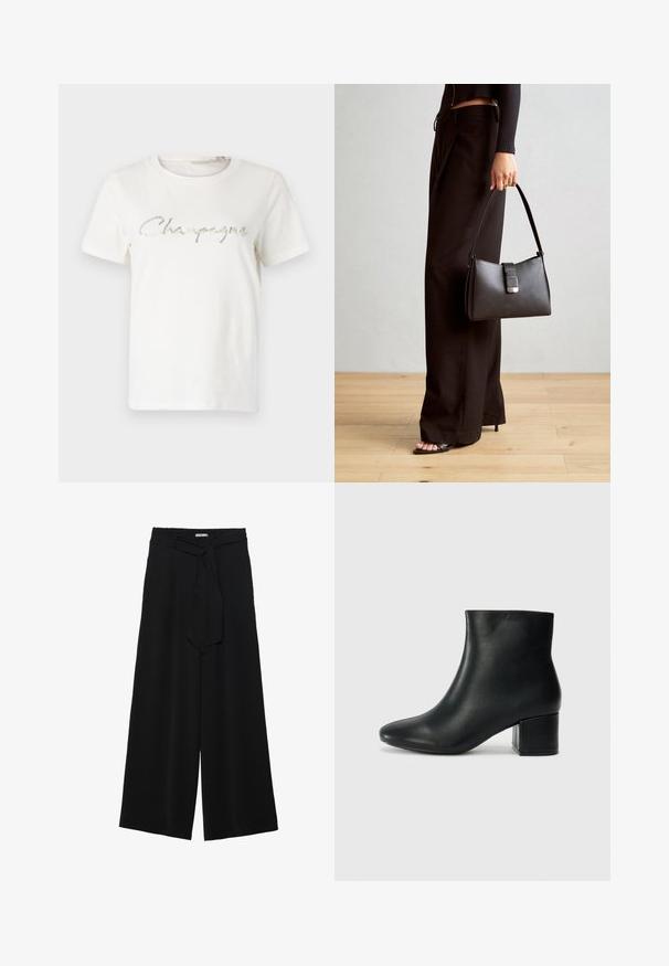 Biała bawełniana koszulka z krótkim rękawem, z okrągłym dekoltem, zdobiona srebrzystym brokatowym napisem "Champagne" w kursywie.; Czarne spodnie szerokie z teksturowanej tkaniny, z elastycznym paskiem w talii i odpinanym paskiem w talii dla regulowanego dopasowania.; Czarne skórzane botki za kostkę z ostrym noskiem i masywnym obcasem. Gładka tekstura z minimalnymi akcentami i elegancki, dopasowany fason.; Czarna torebka o usztywnionym kształcie, gładkiej fakturze i metalowym zapięciem. Połączona z szerokimi czarnymi spodniami i sandałami na otwartym palcu na drewnianej podłodze.