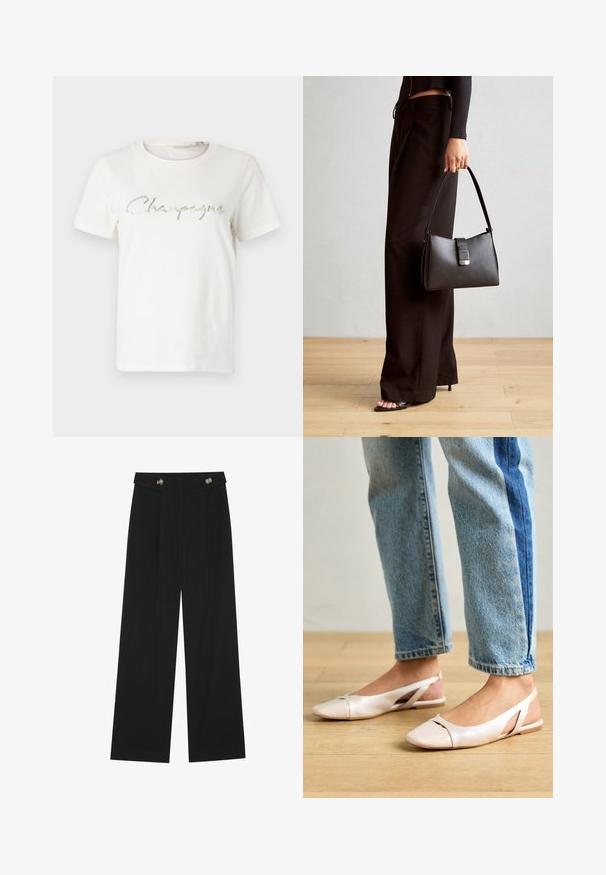 Biała bawełniana koszulka z krótkim rękawem, z okrągłym dekoltem, zdobiona srebrzystym brokatowym napisem "Champagne" w kursywie.; Czarne szerokie spodnie z wysokim stanem, z detalami w postaci guzików na pasku oraz plisami z przodu.; Jasnoróżowe baleriny na odkrytej pięcie z wąskim noskiem, wykonane z gładkiego materiału imitującego skórę. Posiadają wycięcia po bokach oraz płaski obcas.; Czarna torebka o usztywnionym kształcie, gładkiej fakturze i metalowym zapięciem. Połączona z szerokimi czarnymi spodniami i sandałami na otwartym palcu na drewnianej podłodze.