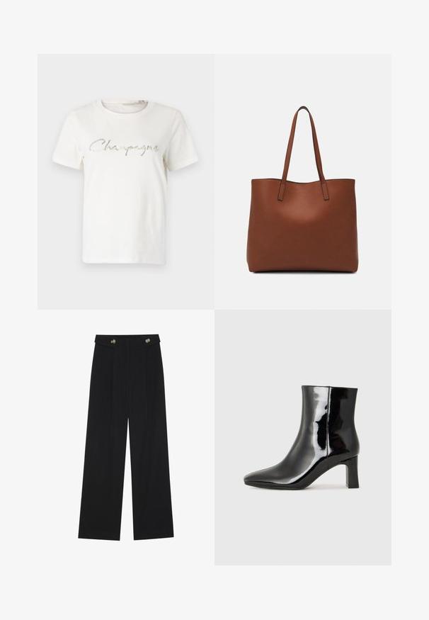 White cotton t-shirt featuring a silver glitter graphic that reads "Champagne" in a cursive font. Short sleeves, crew neckline.; Black wide-leg trousers with high waist, button details on waistband, and front pleats.; Black patent leather ankle boot with a pointed toe and a mid-height block heel. Smooth texture and minimalist design.; Brown leather tote bag with a smooth texture, open top design, and two shoulder straps. Features minimal stitching and no visible hardware.