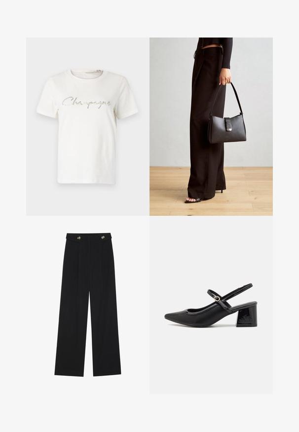 T-shirt de algodão branco com um gráfico de glitter prateado que diz "Champagne" em uma fonte cursiva. Mangas curtas, decote arredondado.; Calças largas pretas com cintura alta, detalhes em botão na cintura e pregas frontais.; Sabrinas de cerâmica preta com salto bloco, bico apontado e um design com recortes arredondados. Apresenta um detalhe em fivela de tom dourado.; Bolsa preta com forma estruturada, textura suave e um fecho metálico. Combinada com calças largas pretas e sandálias de salto aberto sobre um chão de madeira.
