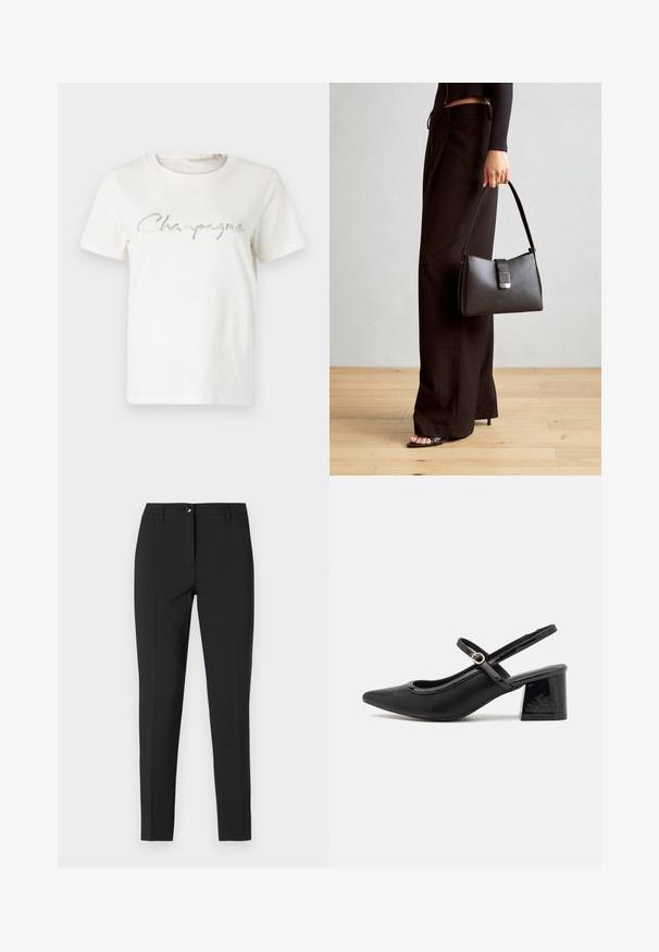 Valge puuvillane t-särk, millel on hõbedane sädelev graafika, mis ütleb "Champagne" kursiivses fontis. Lühikesed varrukad, ümmargune kaelus.; Mustad sobivad püksid siledast kangast, klassikalise vöökoha, ees oleva lukuga ja küljetaskutega, millel on stiilne ja kohandatud disain.; Mustad läikivad nahast slingback-kõrged kontsad, millel on terav nina, ümar lõikekujundus ja blokknina. Omab kuldset nupu aktsenti.; Must musta kott, millel on struktureeritud kuju, sile tekstuur ja metallist klamber. Kombineeritud laiate mustade pükstega ja avatud varvaste sandaalidega puidust põrandal.