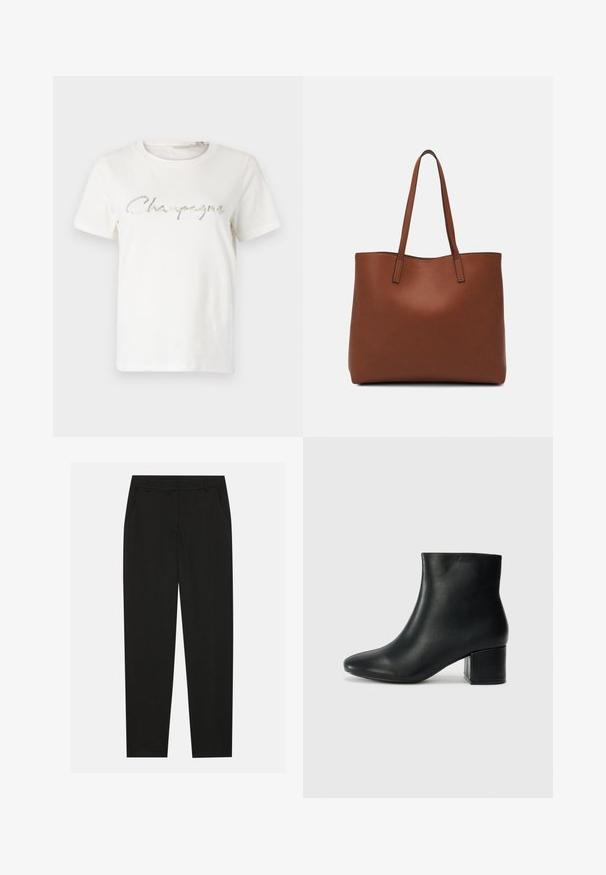 White cotton t-shirt featuring a silver glitter graphic that reads "Champagne" in a cursive font. Short sleeves, crew neckline.; Black trousers with a tailored design, featuring side pockets and a straight leg. Made from smooth, lightweight fabric with a sleek finish.; Black leather ankle boots with a pointed toe and a chunky heel. Smooth texture with minimal accents and a sleek, fitted design.; Brown leather tote bag with a smooth texture, open top design, and two shoulder straps. Features minimal stitching and no visible hardware.