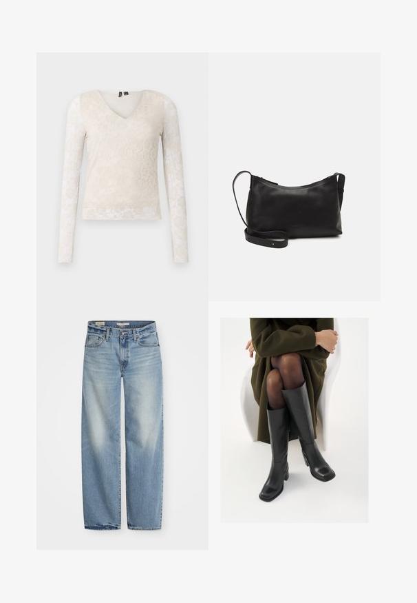 Μακρυμάνικη μπλούζα με V-λαιμό σε μπεζ απόχρωση, διακοσμημένη με σχέδιο λουλουδιών από δαντέλα. Λείος κορμός και διάφανα μανίκια, με λεπτές υφασμάτινες λεπτομέρειες.; Ανοιχτό μπλε τζιν παντελόνι σε φαρδιά γραμμή από denim. Διαθέτει κουμπί και φερμουάρ, πέντε τσέπες και φθαρμένη εμφάνιση με ελαφρώς frayed τελείωμα.; Μαύρες δερμάτινες μπότες έως το γόνατο με τετράγωνη μύτη και τετράγωνο τακούνι, παρουσιασμένες με ένα μοντέλο καθιστό σε ένα ελαιόλαδο πράσινο παλτό. Λείος υφής, ελάχιστη λεπτομέρεια.; Μαύρη δερμάτινη τσάντα ώμου με λεία υφή, καμπύλο σχήμα, ρυθμιζόμενο λουρί και κλείσιμο με φερμουάρ. Μινιμαλιστικός σχεδιασμός χωρίς διακοσμητικά στοιχεία.