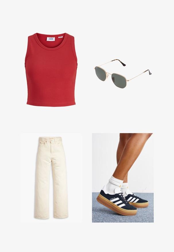 Top curto sem mangas de ribana vermelha com decote redondo e bainha cosida. Apresenta uma etiqueta dentro do colarinho. Tecido macio e texturizado.; Jeans de perna larga bege feitos de denim de algodão. Características incluem uma cintura alta, fecho de botão e design de cinco bolsos. Textura suave e durável.; Ténis de camurça preta com riscas e detalhes brancos, biqueira arredondada, sola em borracha cor de goma, combinados com meias brancas caneladas até à altura do tornozelo.; Óculos de sol de armação dourada com lentes verde-escuras, estilo aviador, apresentando hastes finas e detalhes em tartaruga nas pontas.