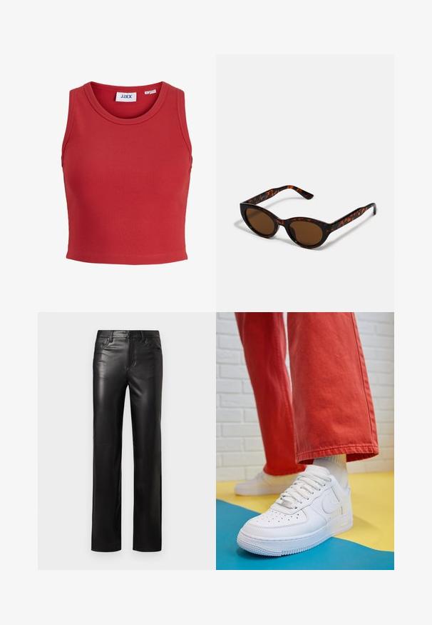 Crvena rebrasta bezrukavna crop top majica s okruglim izrezom i šivanom obrubom. Ima oznaku unutar ovratnika. Mekana, teksturirana tkanina.; Crne kožne hlače ravnog kroja, s patent zatvaračem i prednjim džepovima. Glatka tekstura s suptilnim detaljima šivanja.; Bijele kožne tenisice s perforiranim prednjim dijelom, teksturiranim đonom i bijelim vezicama, u kombinaciji s širokim crvenim hlačama i plavo-žutom pozadinom.; Smeđe sunčane naočale u tortoiseshell uzorku s vintage mačkastim okvirom i smeškim lećama. Ima zakrivljene ručke s crvenim detaljima.