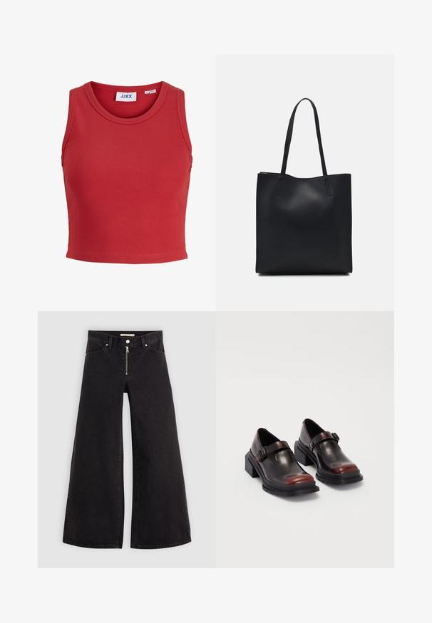 Top corto senza maniche a righe rosse con scollatura rotonda e orlo cucito. Presenta un'etichetta all'interno del colletto. Tessuto morbido e testurizzato.; Jeans a gamba larga in denim nero con chiusura a zip, design a cinque tasche e dettagli di cucitura sottili. Texture morbida e stile casual.; Scarpe in pelle con tacco a blocco, dal lucido finish bordeaux scuro, dotate di cinturino con fibbia e punta arrotondata. Suola testurizzata per una migliore aderenza.; Borsa tote in pelle nera con texture liscia, forma rettangolare e due manici lunghi. Nessun hardware o decorazione visibile.