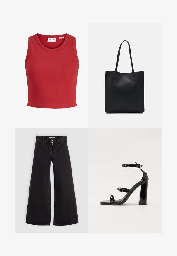 Red ribbed sleeveless crop top with a round neckline and a stitched hem. Features a label tag inside the collar. Soft, textured fabric.; Wide-leg jeans in black denim with a zippered front, five-pocket design, and subtle stitching details. Smooth texture and casual style.; Black patent heeled sandals with a square toe, ankle straps, and silver buckles. Features a chunky block heel for stability.; Black leather tote bag with smooth texture, rectangular shape, and two long handles. No visible hardware or embellishments.