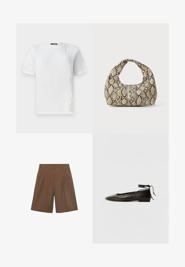 White cotton t-shirt with short sleeves, round neckline, and decorative lace embroidery on the left side. Smooth texture, casual design.; Brown tailored shorts with a flat front, pleats, and side pockets. Made from a lightweight fabric, offering a relaxed fit and hemmed edges.; Black leather ballet flats with a pointed toe, ankle tie, and flat sole, featuring a smooth texture and minimalistic design.; Snake-print handbag with a curved handle. Made from textured, beige and brown materials, featuring a distinctive diamond pattern.